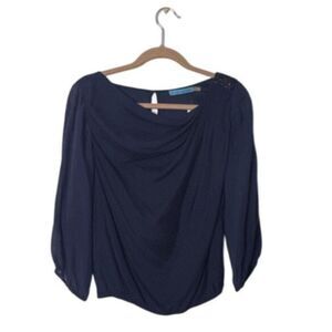 Alice + Olivia Navy Blue Draped Blouse With Beaded Shoulder Embellishment Size M